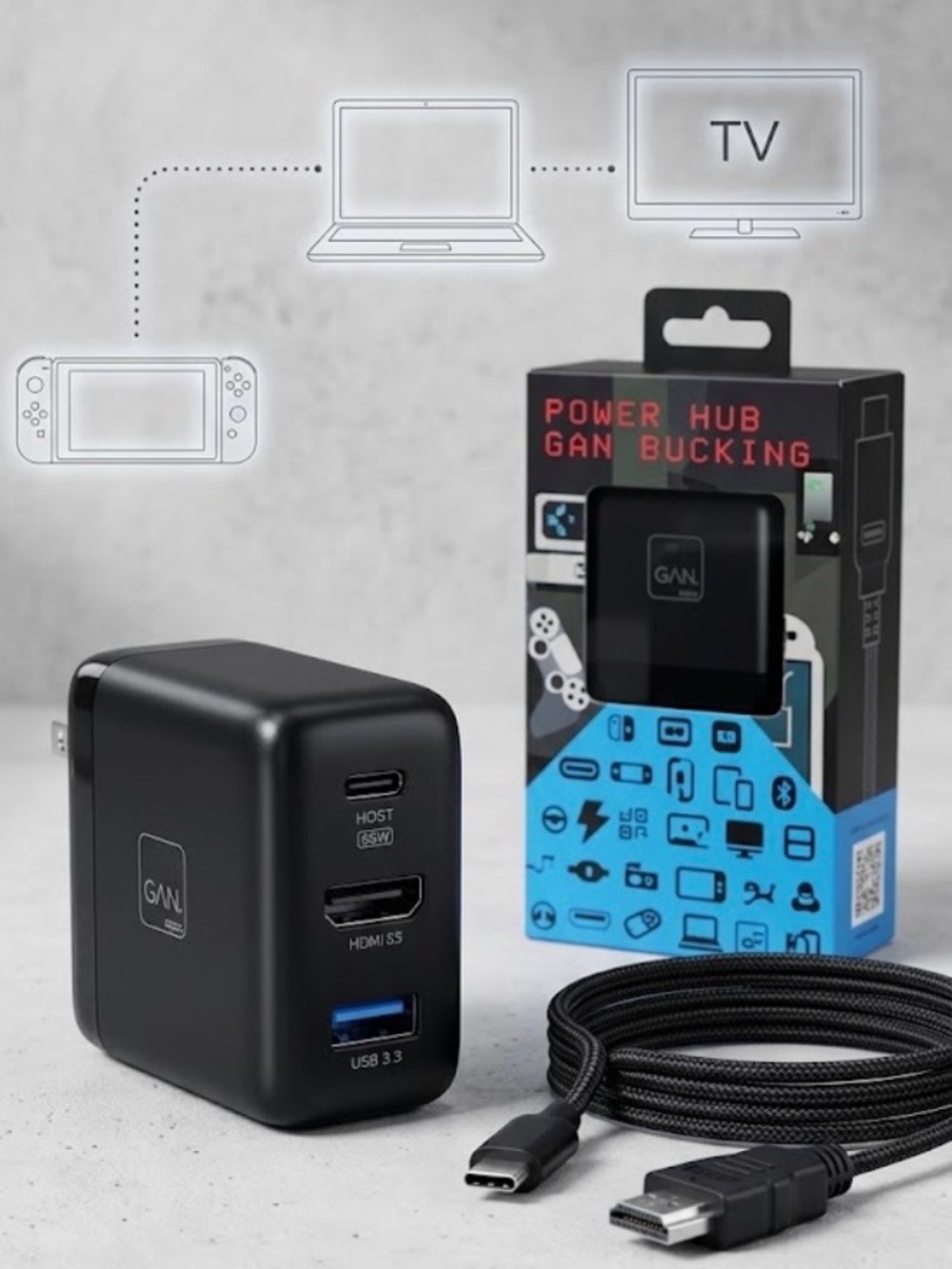 NWT GaN 65W 3 in 1 Power Hub TV Dock Charger For Nintendo Switch And Laptop